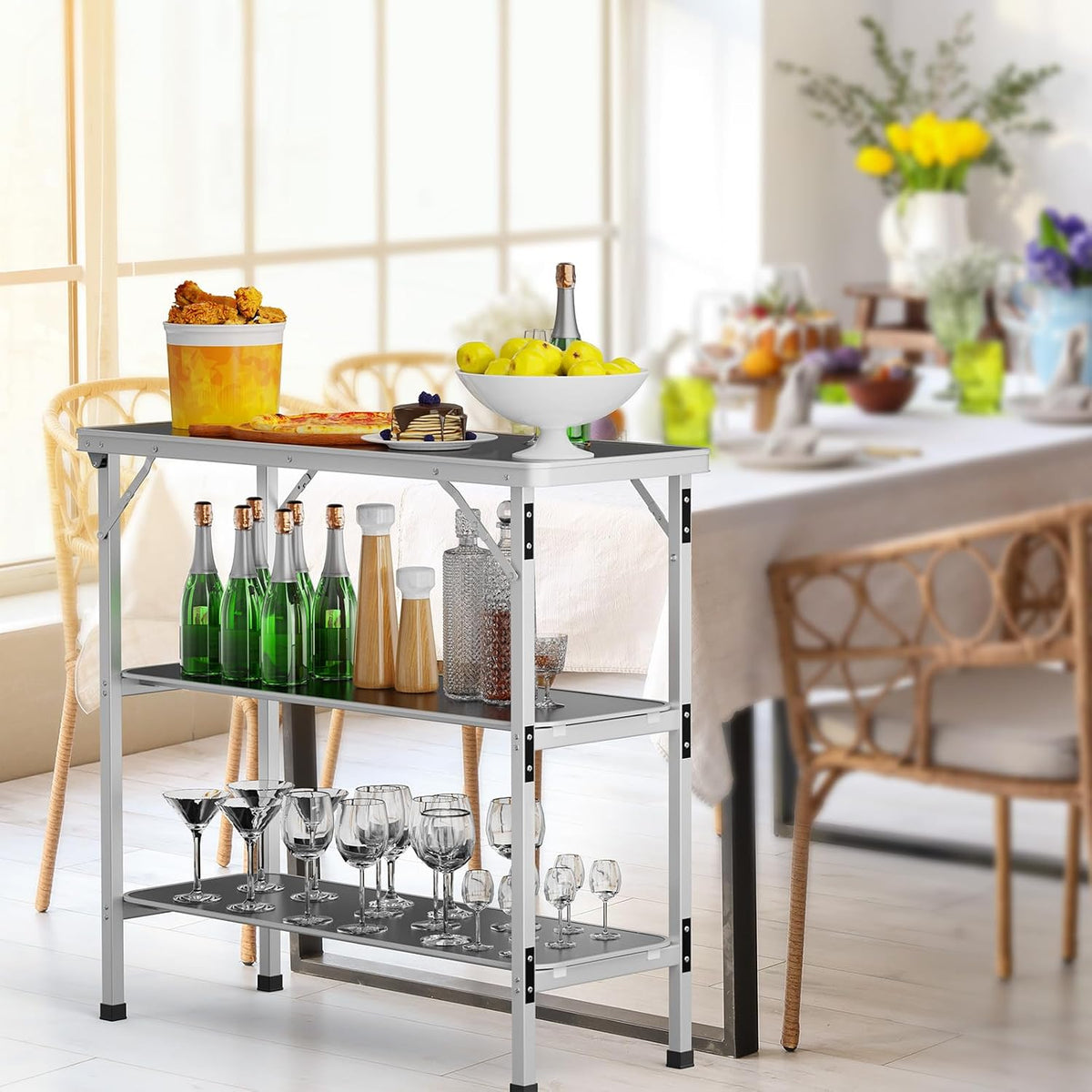 VINGLI Camping Table, Aluminum Portable Bar Table 39''L x 34''H, 2-Tier Storage Shelves, Removable Oxford Cloth, Carrying Bag, Lightweight Folding Table for Events, Outdoor, Party, Picnic
