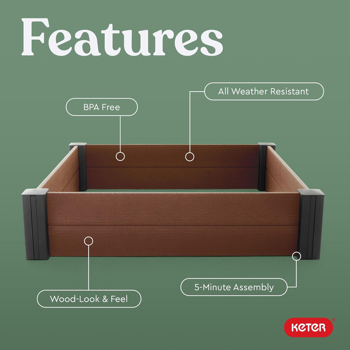 Keter 48" X 48" inches Wood Look Raised Garden Bed, Durable Outdoor Herb Garden Planter for Vegetables, Flowers, and Succulents, Brown