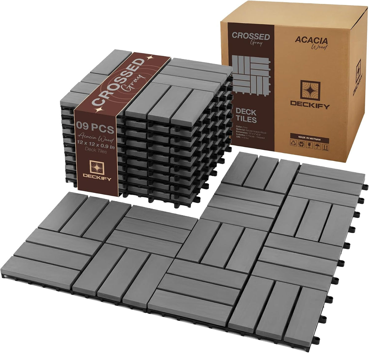 Acacia Interlocking Deck Tiles Outdoor Waterproof All Weather Grey Crossed