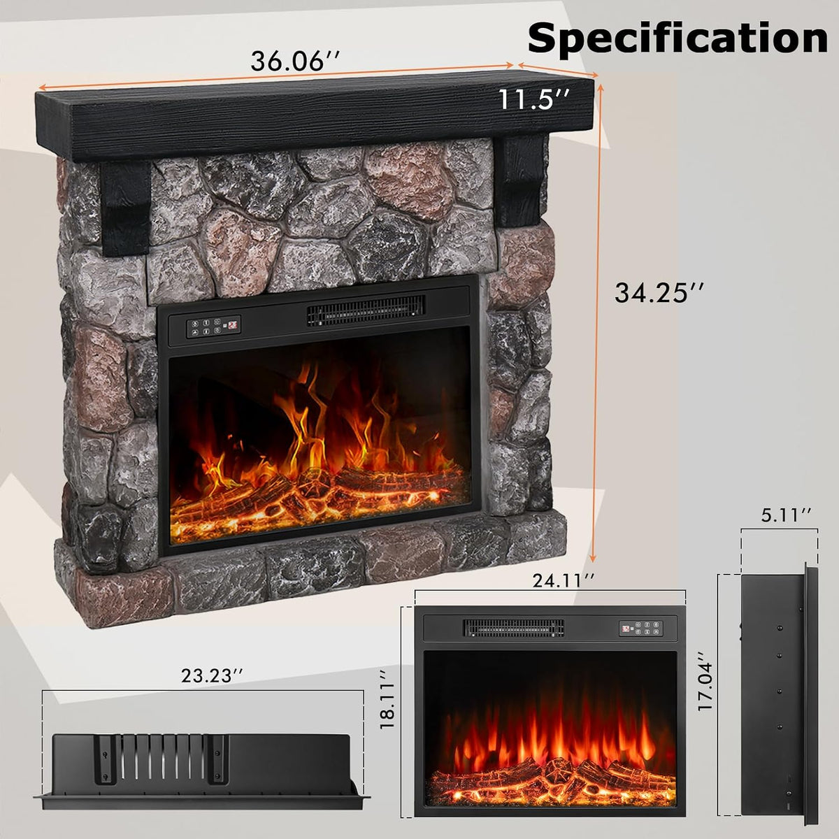 36inch Electric Fireplace with Mantel, Stone Fireplace Heater
