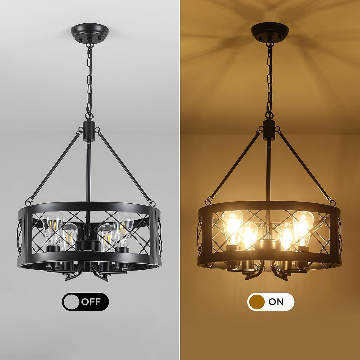black farmhouse chandelier for dining room, 18" rustic showing dimensions
