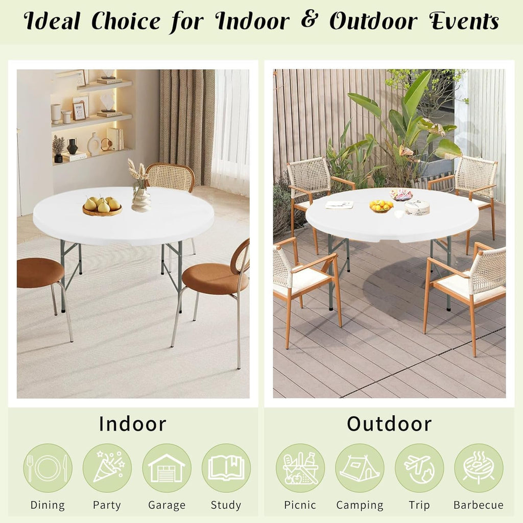 Fivenl Round Folding Tables White Foldable Table, Fold-in-Half with Carrying Handle Portable Plastic Table for Party, Dining, Wedding, Camping, Picnic, Indoor Outdoor Events (1, White, 4 FT)