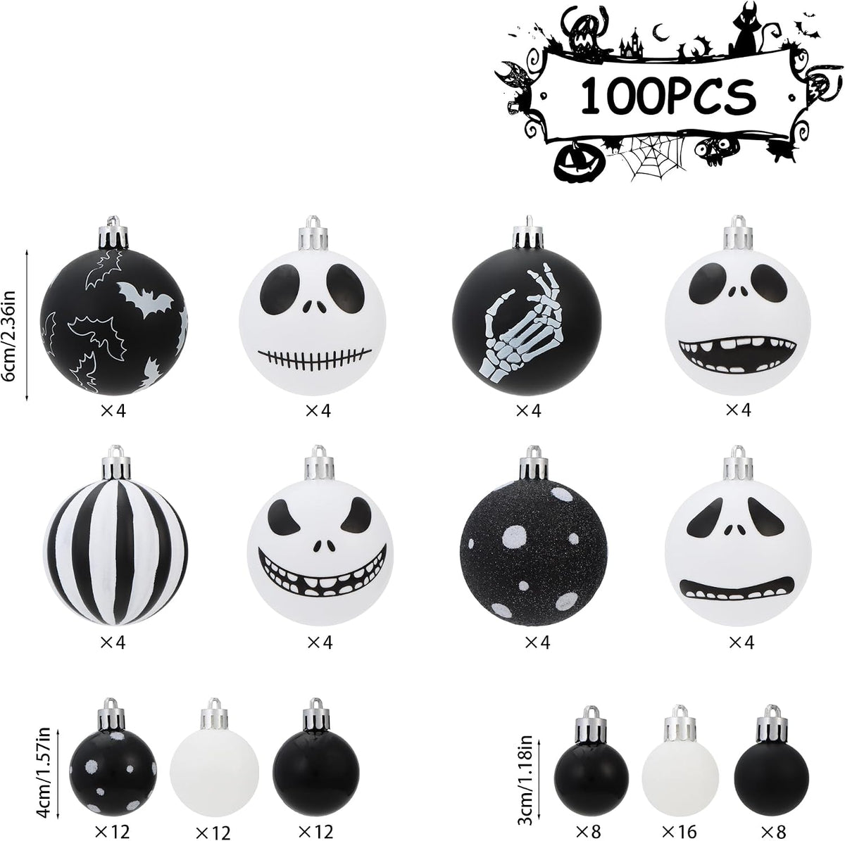 100Pcs Halloween Before Christmas Tree Ornaments Black & White Decorations