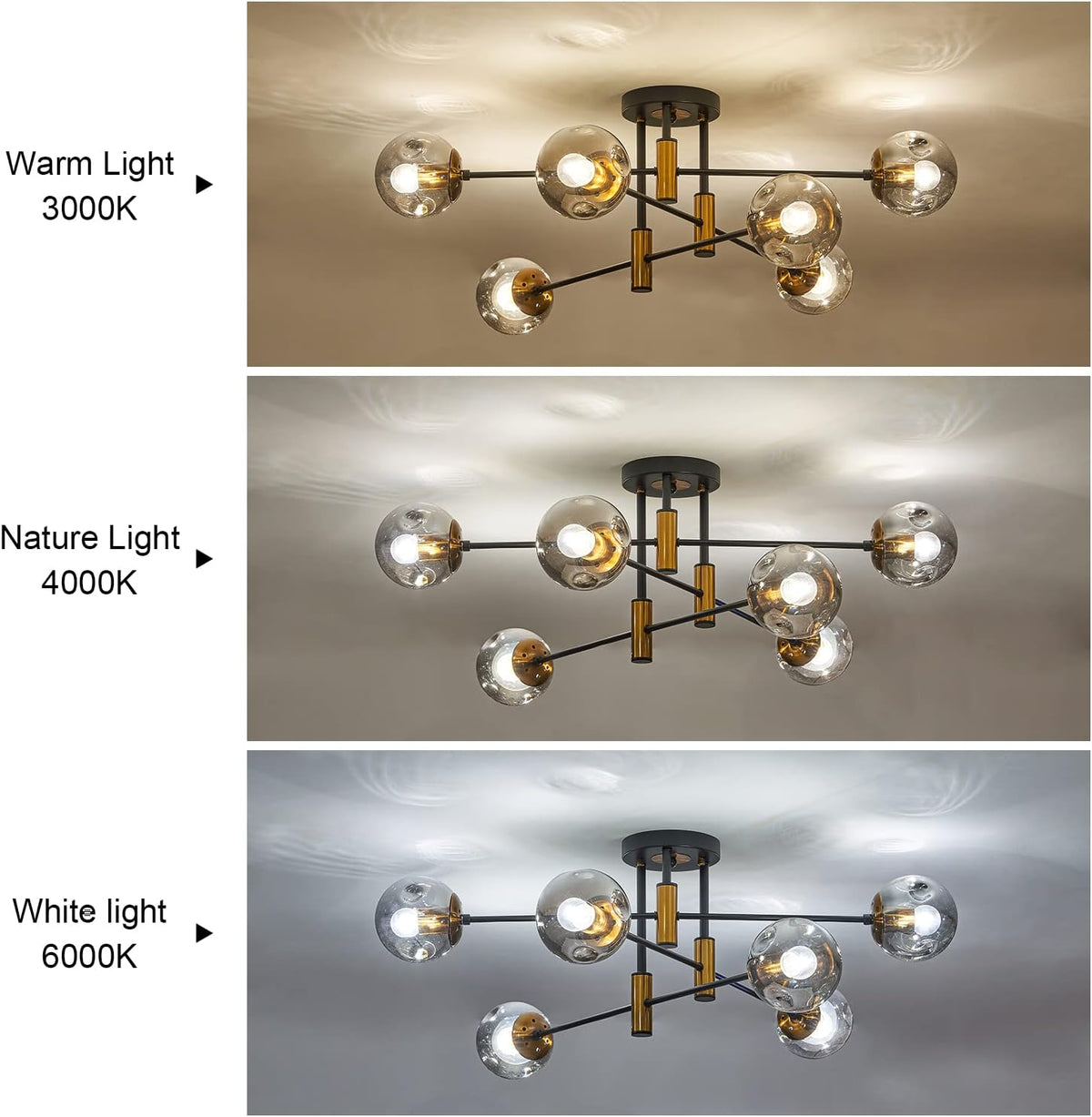 6-Light Sputnik Ceiling Light Fixture Mid Century Black and Gold Chandelier