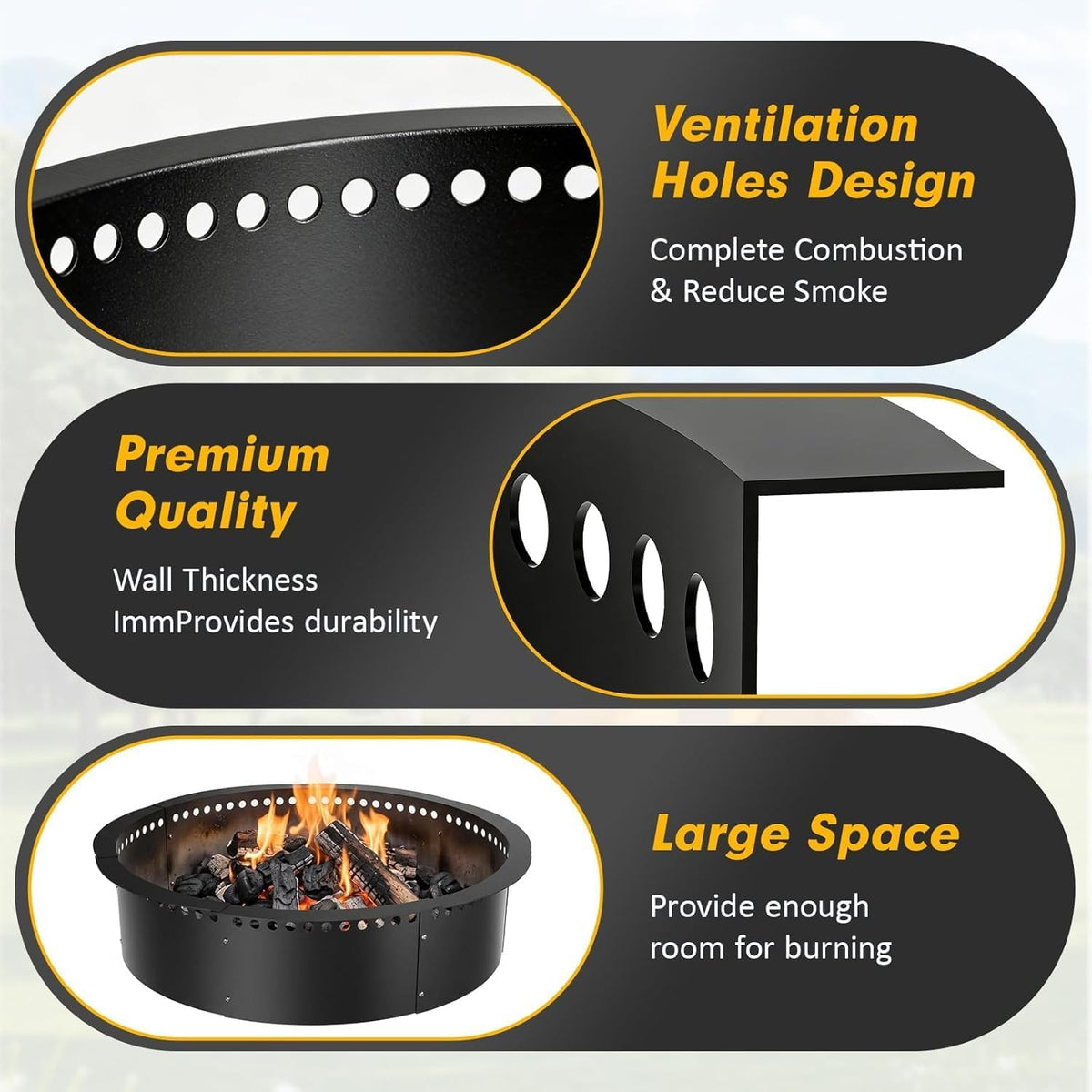 Smokeless Fire Pit Ring, 32 inch Outer/28 inch Inner Outside Fire Pit, Heavy Duty Large Solid Metal Steel Round Firepit Rim Insert for Outside Wood Burning, DIY Campfire Ring