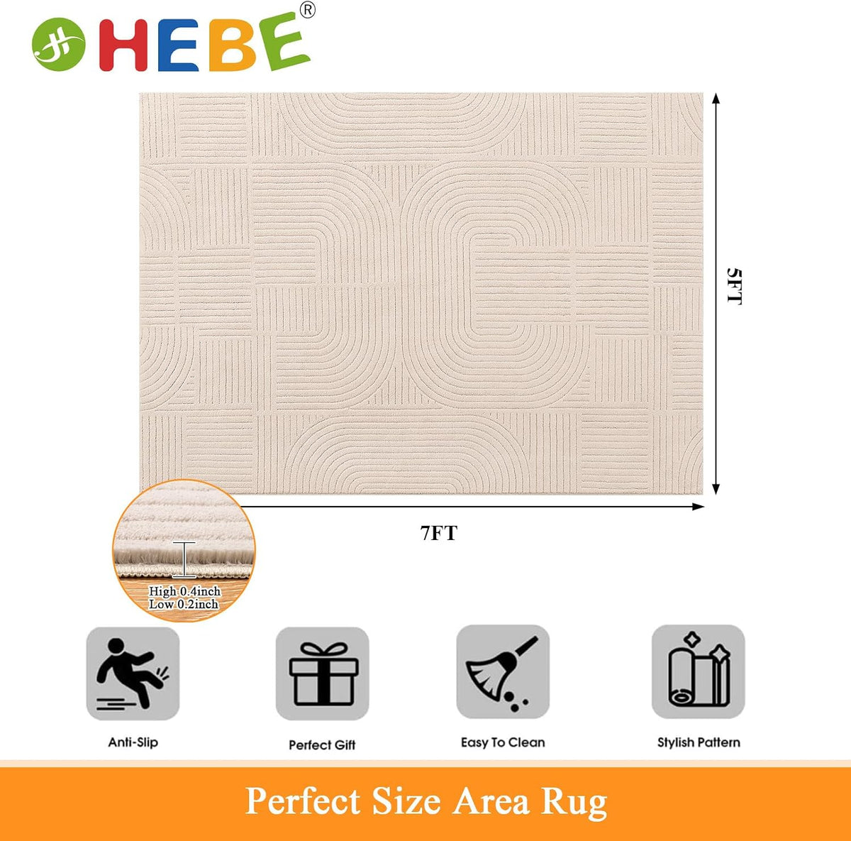 HEBE 5'x7' Area Rugs for Living Room,Washable Non Slip Textured Bedroom Rug