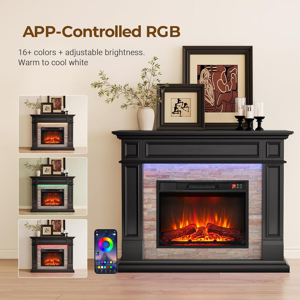 LGHM 44" LED Freestanding Electric Fireplace, Stacked Stone, Black