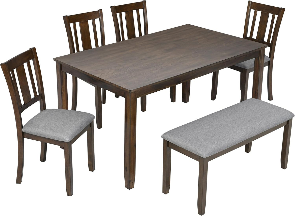 Merax 6 Piece Kitchen Dining Set, Rectangular Wooden Dining Table with 4 Upholstered Chairs and a Bench for 4-6, Living Room Home Bar and Kitchen, Walnut