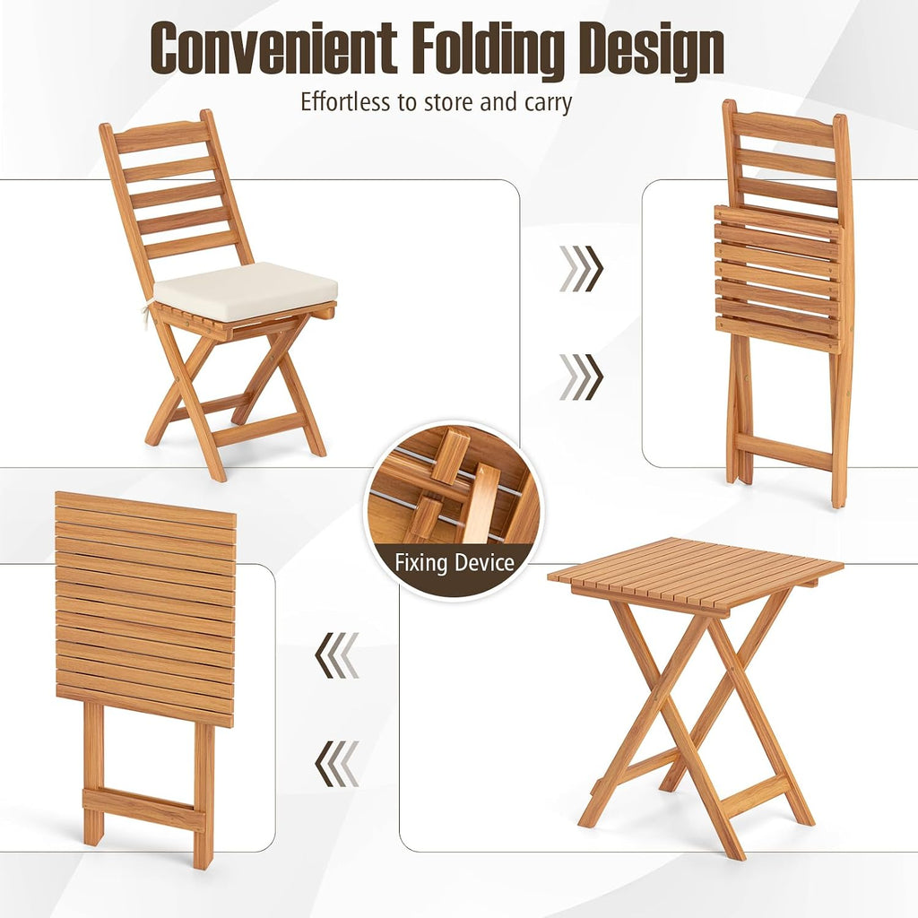 Tangkula Outdoor Wood Bistro Set, Folding Chair Table Set w/Soft Seat Cushions, Acacia Wood High Back Armless Chairs w/Table, Patio Cushioned Dining Set for Backyard, Poolside (White)