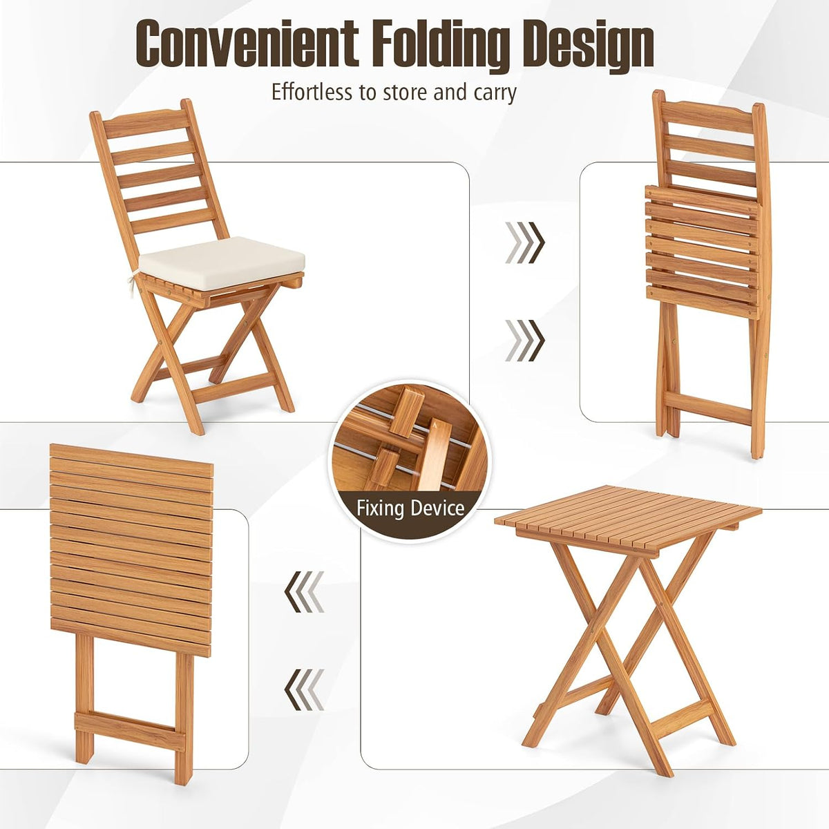 Tangkula Outdoor Wood Bistro Set, Folding Chair Table Set w/Soft Seat Cushions, Acacia Wood High Back Armless Chairs w/Table, Patio Cushioned Dining Set for Backyard, Poolside (White)