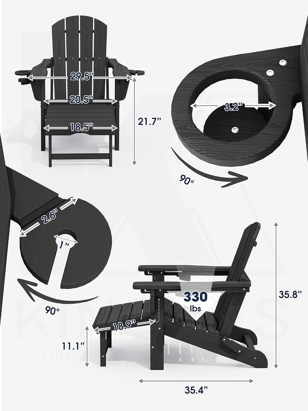 KINGYES 6 Pieces Folding Adirondack Chair with Ottoman & Cup Holders, Black