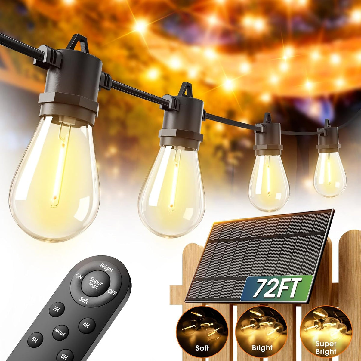 addlon 78FT(72+6) Solar String Lights Outdoor, Last 20+ Hrs, USB Charging