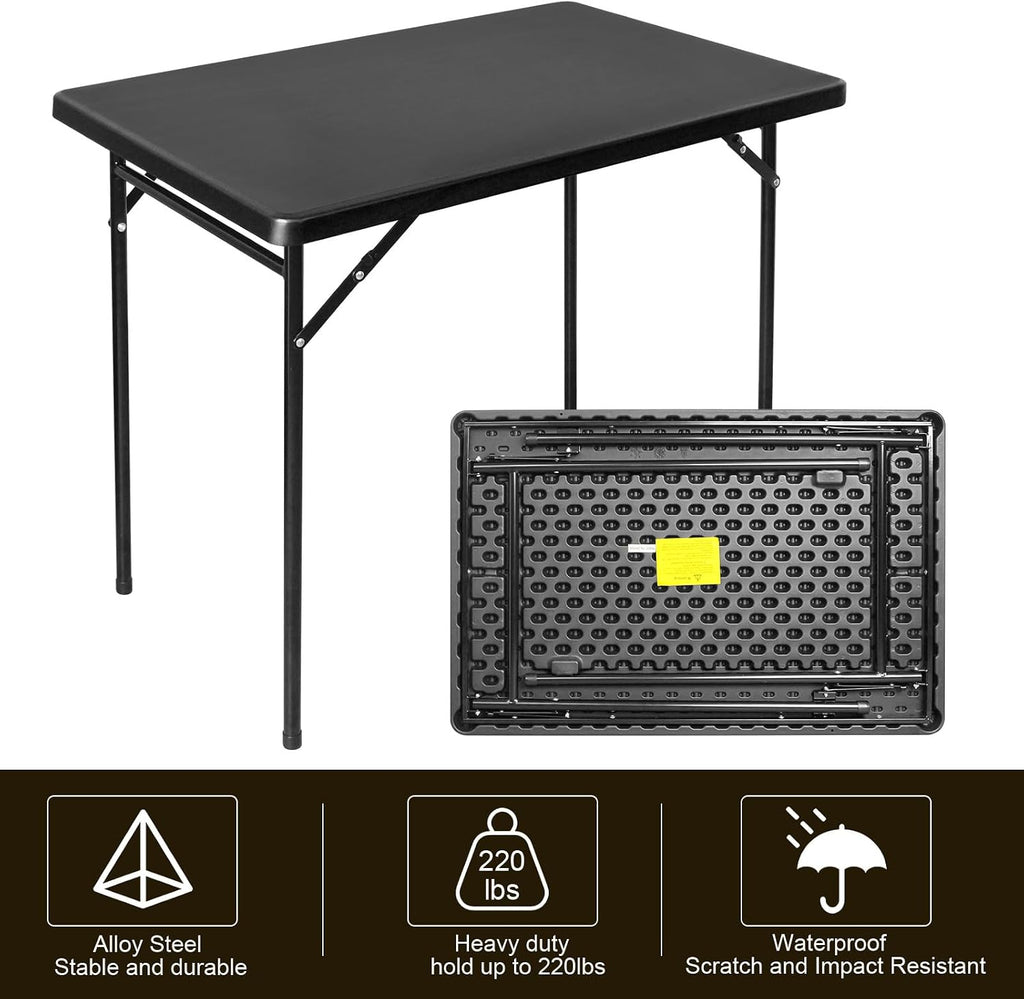 3ft Rectangular Folding Table, All-Occasion Plastic Event Table for Indoor and Outdoor, Portable Desk, Camping, Durable and Stable, HDPE and Steel, Wide Application, Black