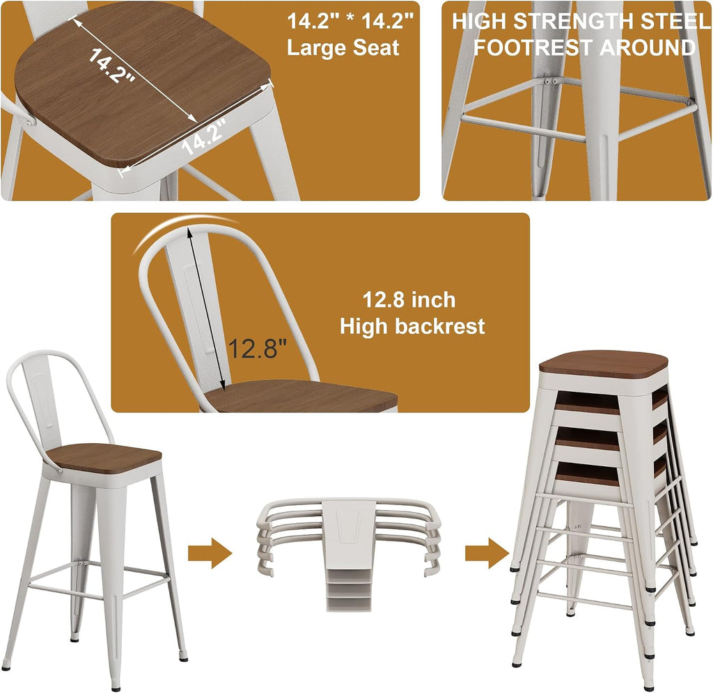 Andeworld Metal Bar Stools Set of 4,24" Counter Height with Backs,Off White