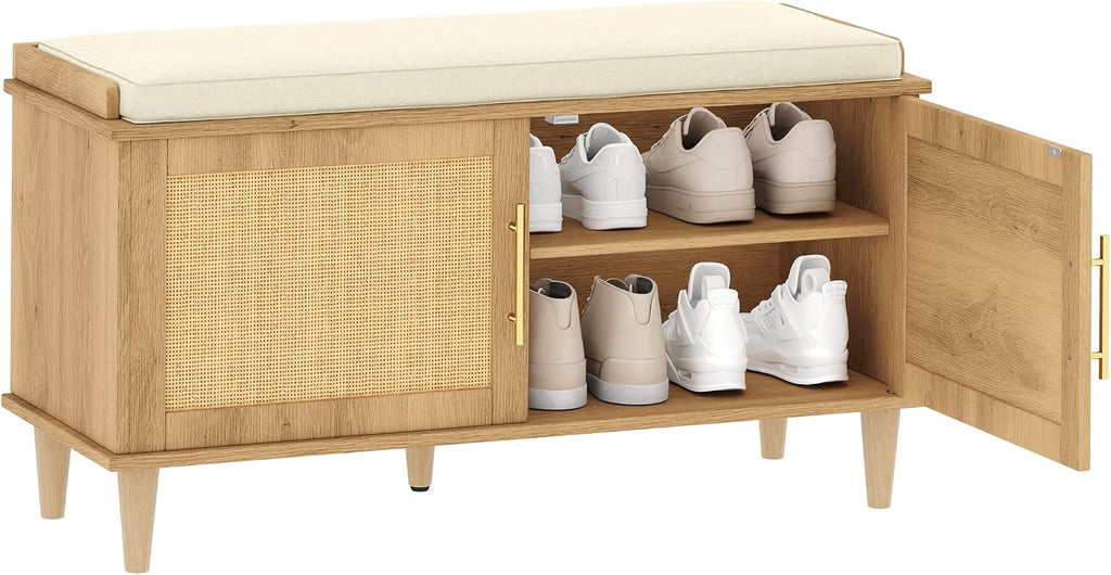 Akxomel 39.4" Rattan Shoe Storage Bench 2 Doors Wooden Entryway Bench Oak
