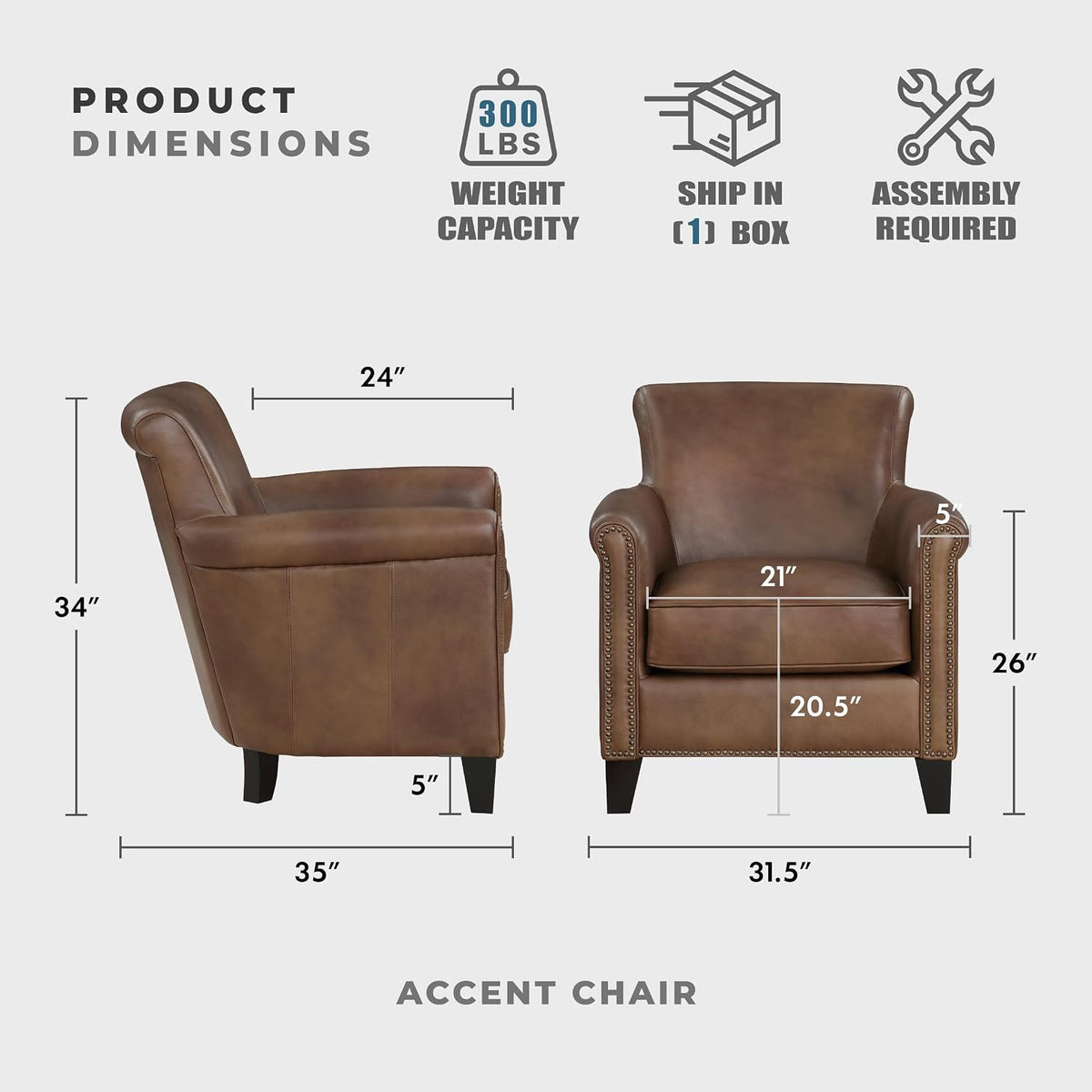 Lexicon Top Grain Genuine Leather Chair, Rolled Armrest, Classic Brown
