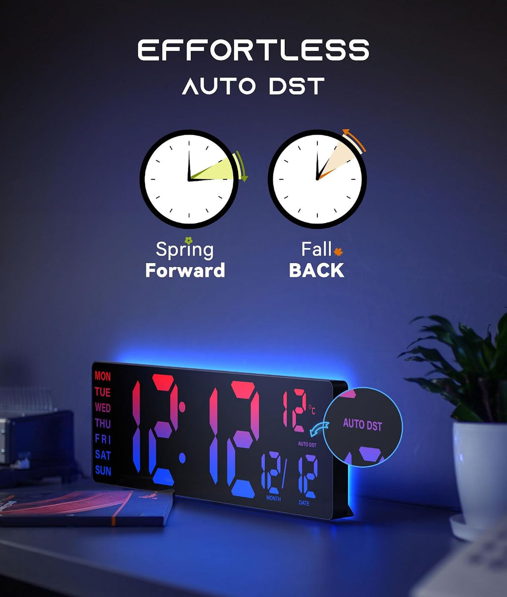 EASYERA 16.5" Large Digital Wall Clock with BT Sync,11 RGB Lights