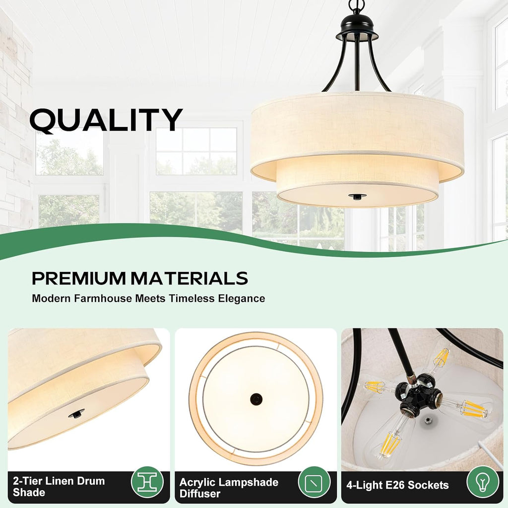 VESPERIX 18" Linen Drum Chandelier, 4-Light Modern Farmhouse Ceiling Light Fixture,2-Layer Fabric Shade with Acrylic Diffuser, Adjustable Hanging Light for Dining Room, Kitchen, Bedroom
