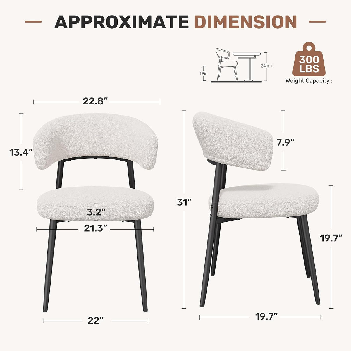 Dining Chairs Set of 2, Mid Century Modern Kitchen Chairs, Boucle Upholstered Dining Chair with Curved Backrest & Metal Legs for Kitchen Dining Room, White