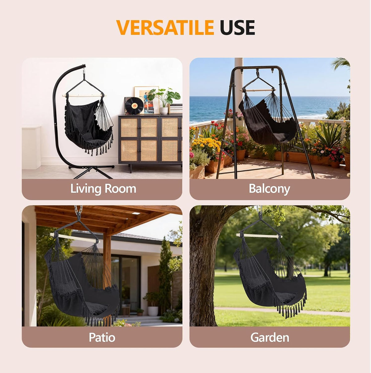 ONCLOUD XXL Hammock Chair Macrame Hanging Rope Swing Seat w/Side Pocket, Includes Drink Holder 2 Cushions Carry Bag All Hanging Hardware for Patio Bedrooms Indoor/Outdoor (Grey)