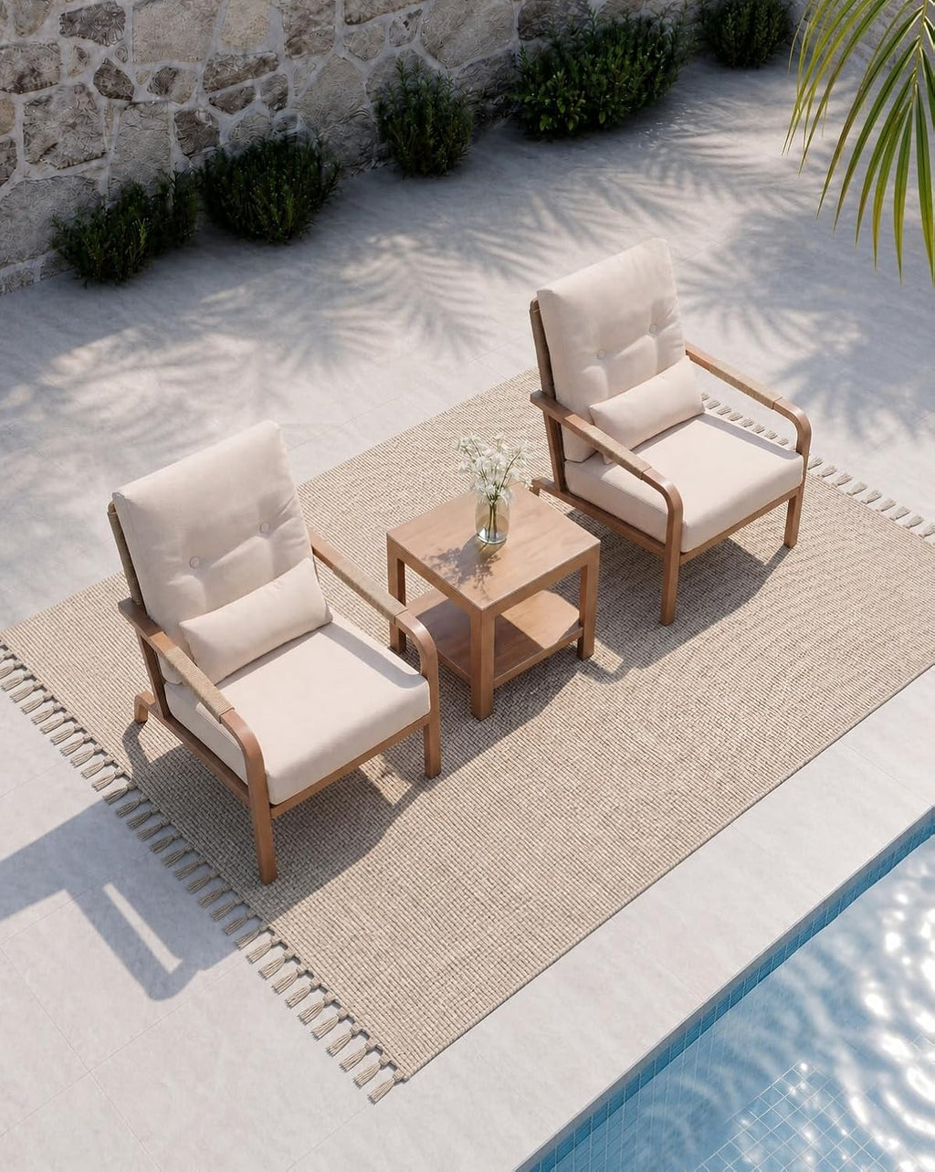 Aluminum Patio Set, 2 Chairs & Side Table, Washable Cushions, Beige (3 Piece)
