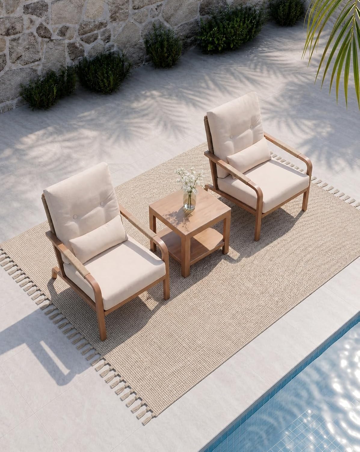 Aluminum Patio Set, 2 Chairs & Side Table, Washable Cushions, Beige (3 Piece)