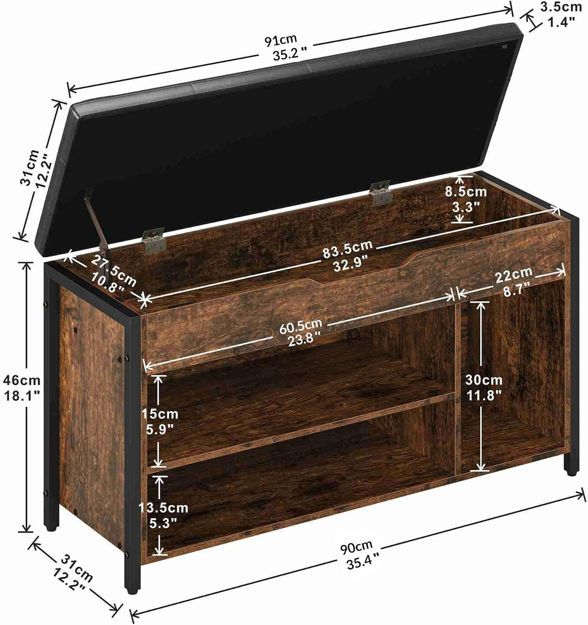 Shoe Bench, Lift Top Shoe Storage Bench, Adjustable Shelf Entryway Bench, Metal and Wood Shoe Rack Organizer with Cushion for Entry, Bedroom, Closet, Living Room, Hallway (Brown, 35.5“W)