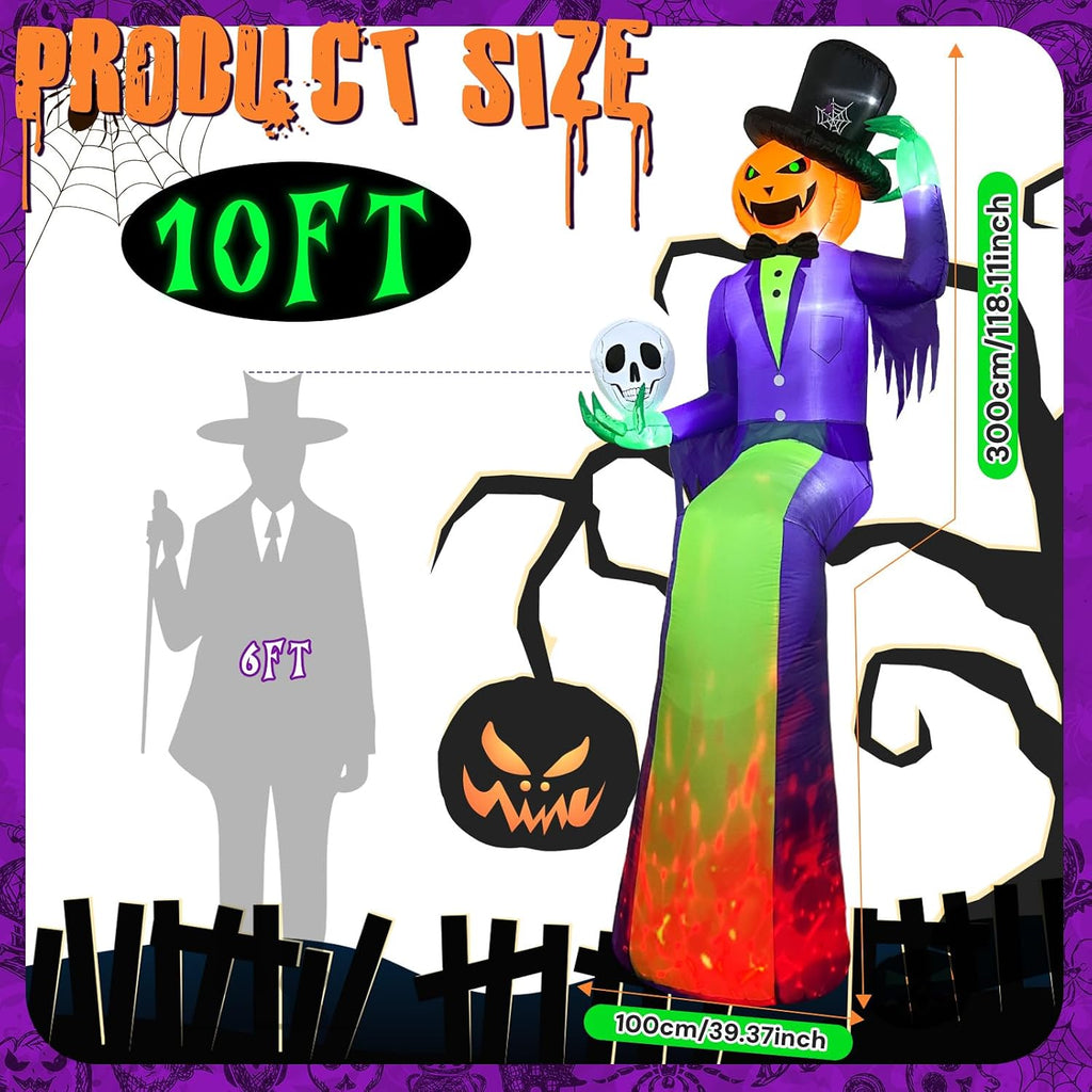 10FT Sitting Halloween Inflatable Pumpkin with Flame Light for Roof Decor