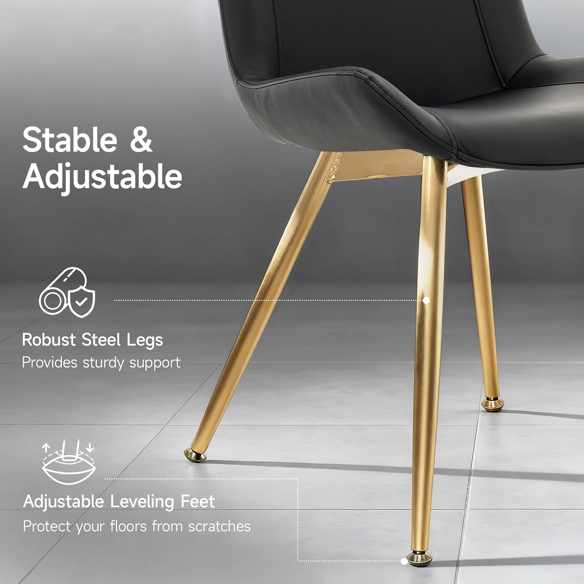 Dining Chairs Set of 2, PU Leather Armless with Metal Legs Black, Gold Legs