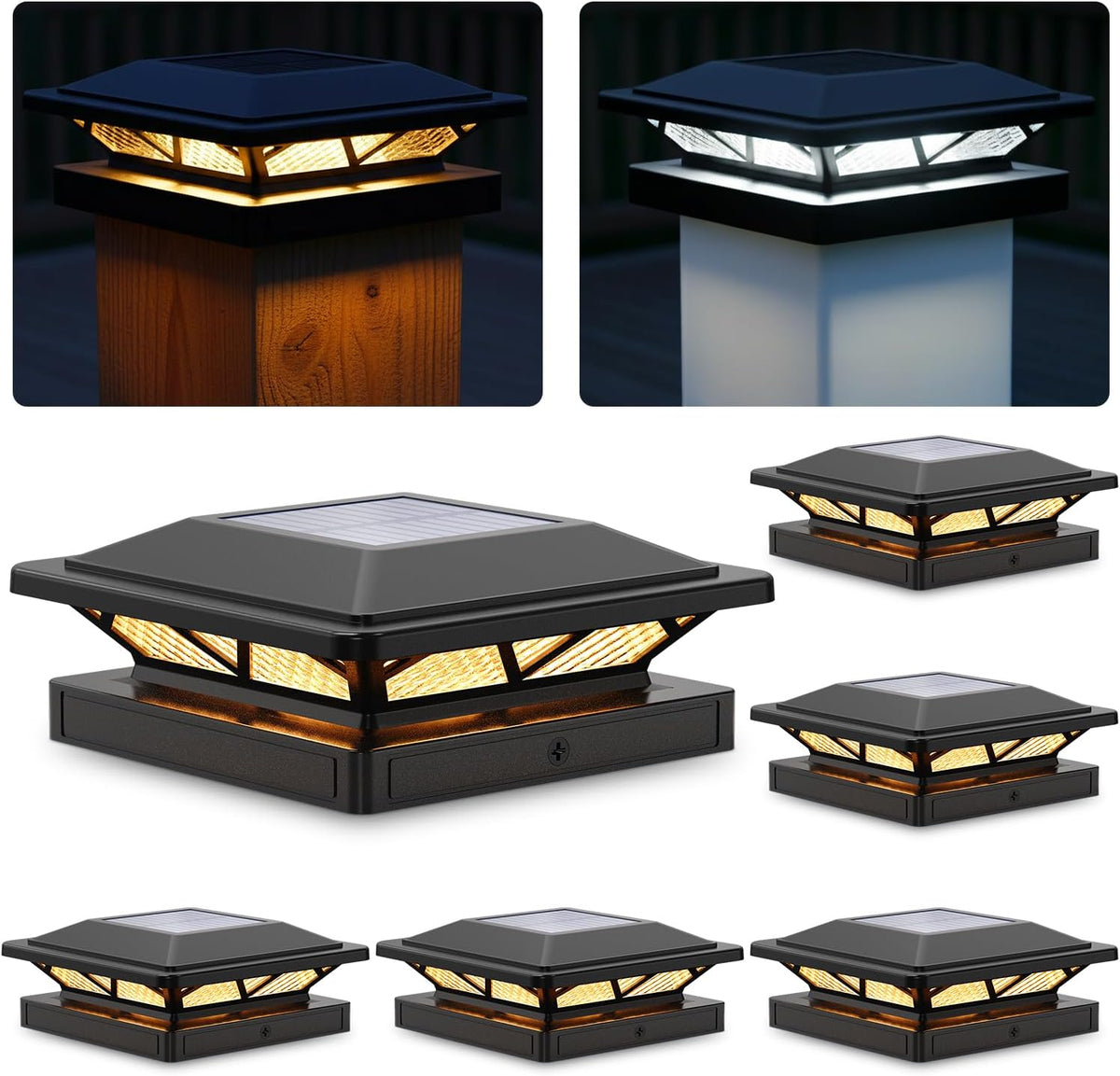 SIEDiNLAR Solar Post Cap Lights Outdoor 2 Modes 6 Pack Black, (Warm/White)