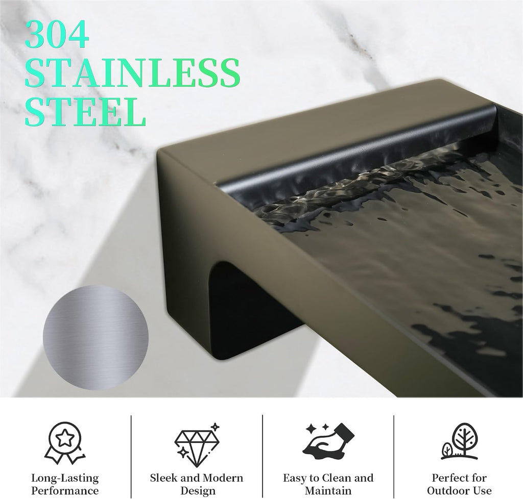 304 Stainless Steel Water Fountain Spout Scupper, Made Exquisite Handcrafted Garden Waterfall Spillway for Landscape Decors, Patios, Pools, Courtyards, Water Walls (Black Powder Coating)