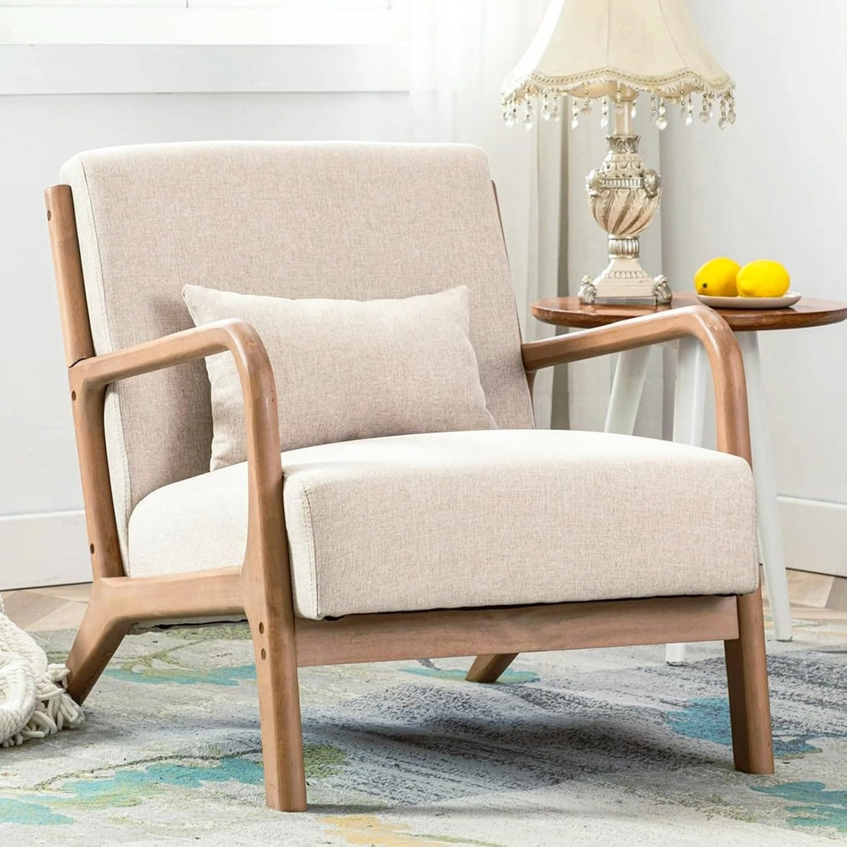 ANJ Mid Century Modern Accent Chair, Comfy Fabric Living Room Chairs with Solid Wood Frame, Lounge Reading Armchair, Easy Assembly, Beige
