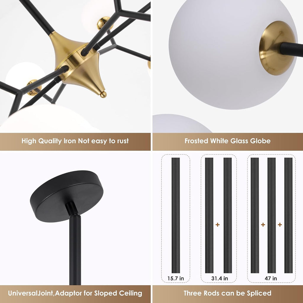 redstar 39" black and gold sputnik chandelier 10-light, side view