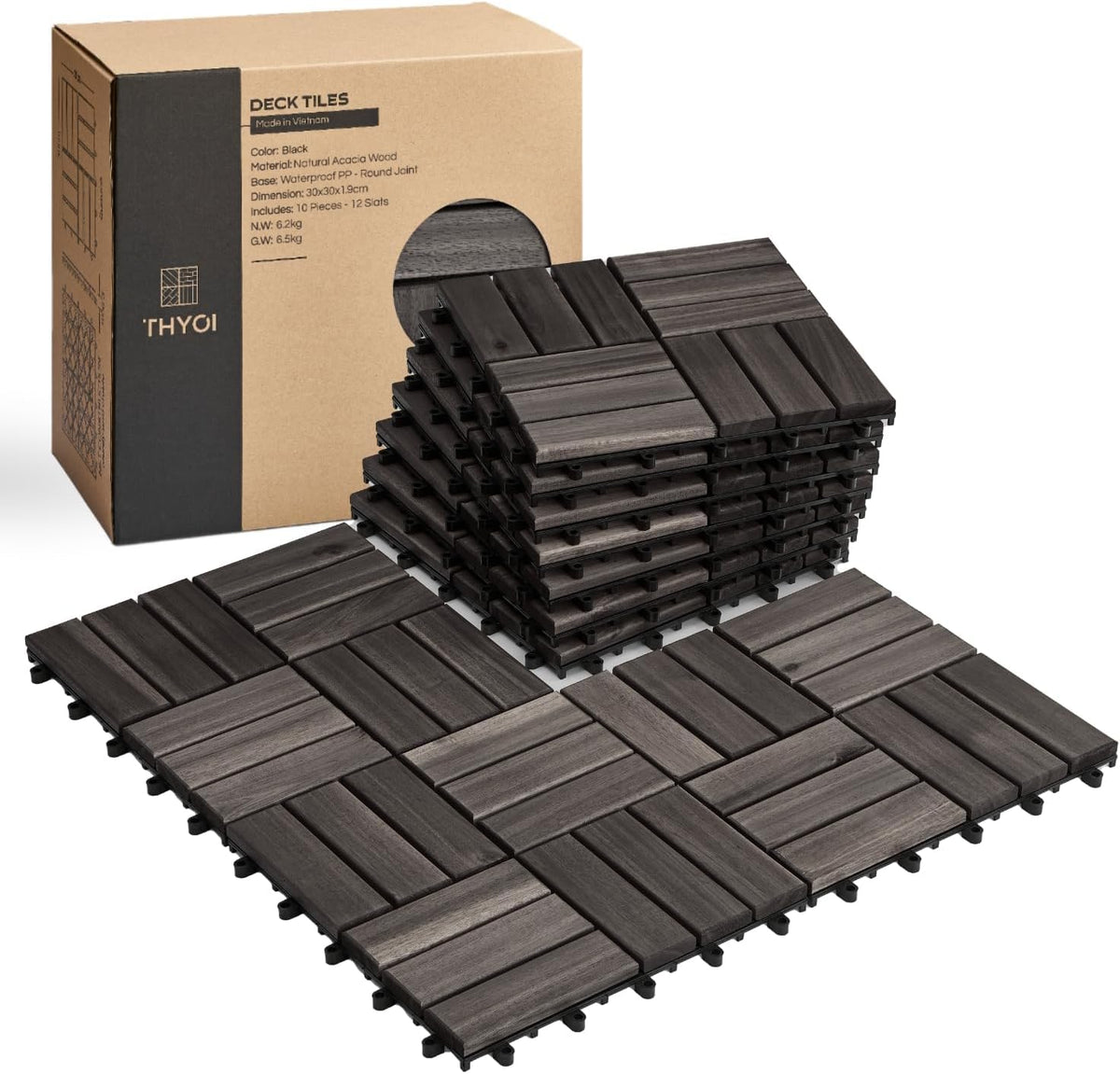 THYOI Premium Deck Tiles, Patio Flooring - Round Joint (10, Black)