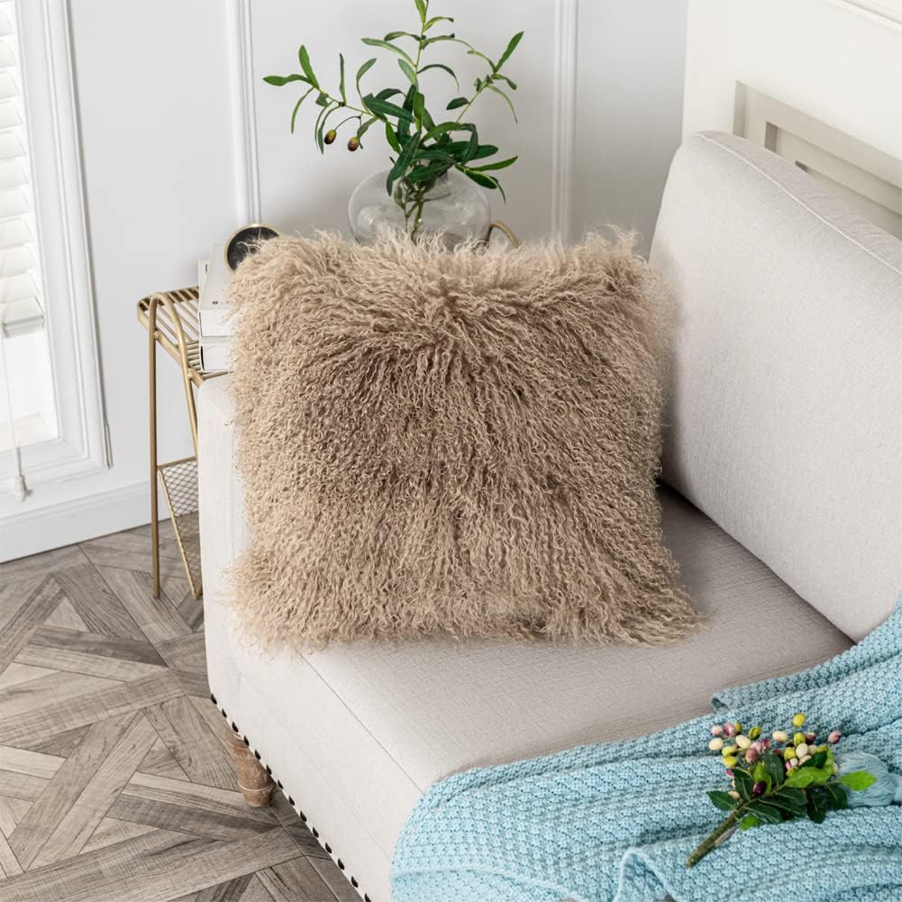 Mongolian Lamb Fur Throw Pillow Cover (20'' x 20'', Khaki)