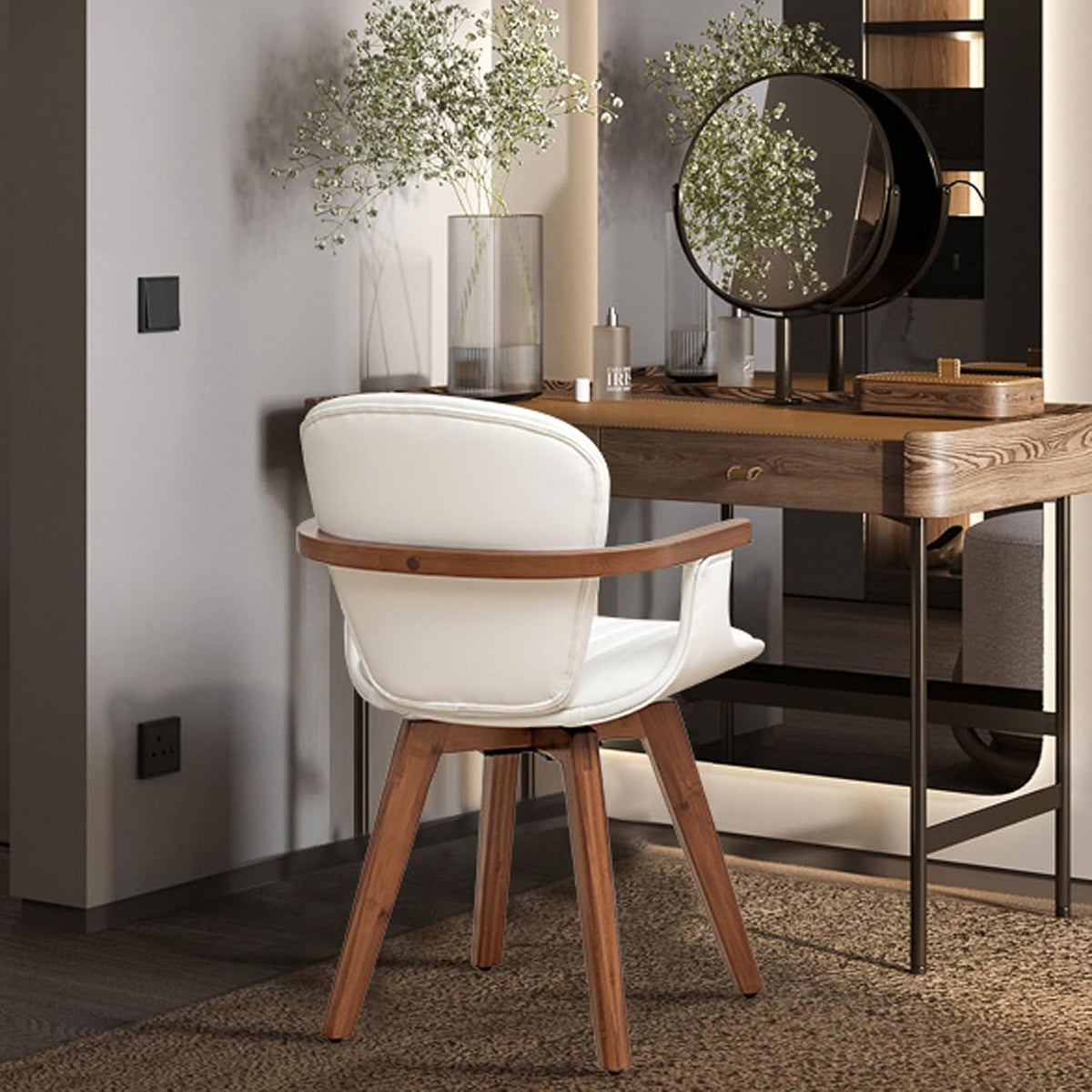 LUNLING Swivel Dining Room Chairs Set of 2,Mid Century Modern White Faux Leather Kitchen Chair with Arms,Bamboo Legs Side Chairs No Wheels,Accent Chair for Dining Rooms and Offices