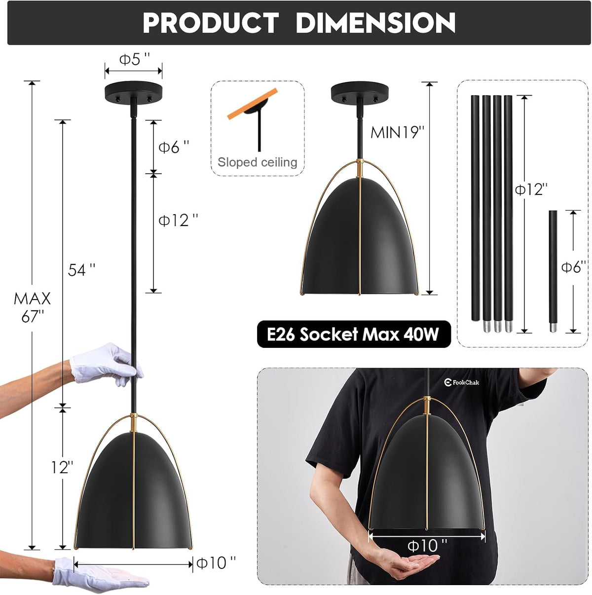 Black Dome Pendant Light 10in Kitchen Island Pendant Lighting Modern Black & Gold Ceiling Pendant Light Fixture for Kitchen Sink Dining Room, E26