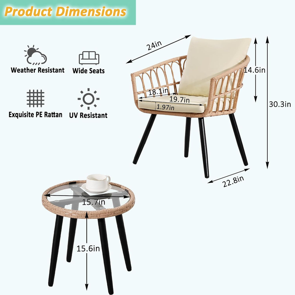 FHFO 3 Piece Patio Bistro Set, Wicker Table and Chairs Set of 2, Beige