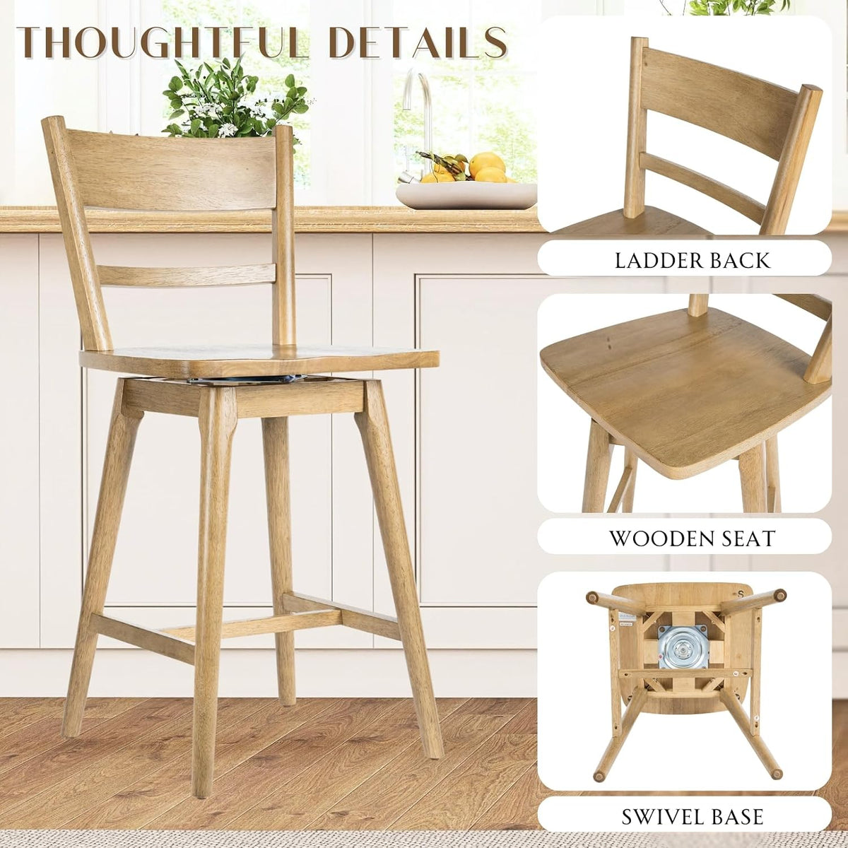 Ya-Home Swivel Counter Stools Set of 2, 24.5" Solid Wood Bar Stools with Back & Wood Seat, Natural Finish — Mid Century Modern Counter Height Bar Chairs for Kitchen Island