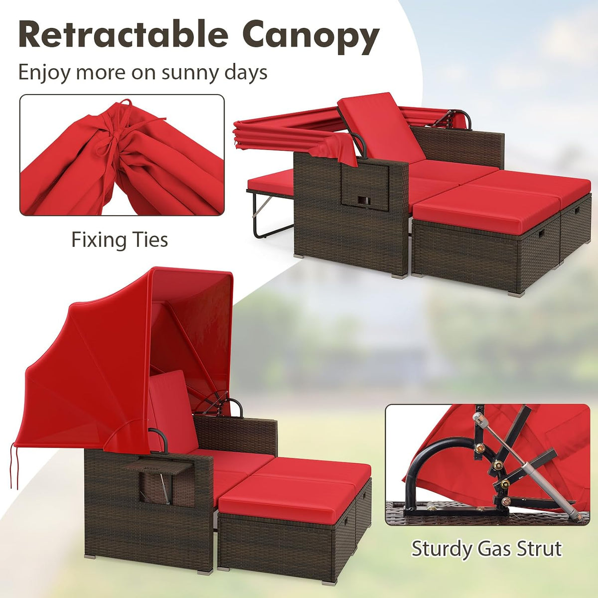 Moccha Outdoor Daybed with Retractable Canopy - Rattan Loveseat Sofa Set w/ Adjustable Backrests, 2 Folding Side Panels, Storage Ottomans, Double Bed Lounger for Garden Patio Furniture Set (Red)