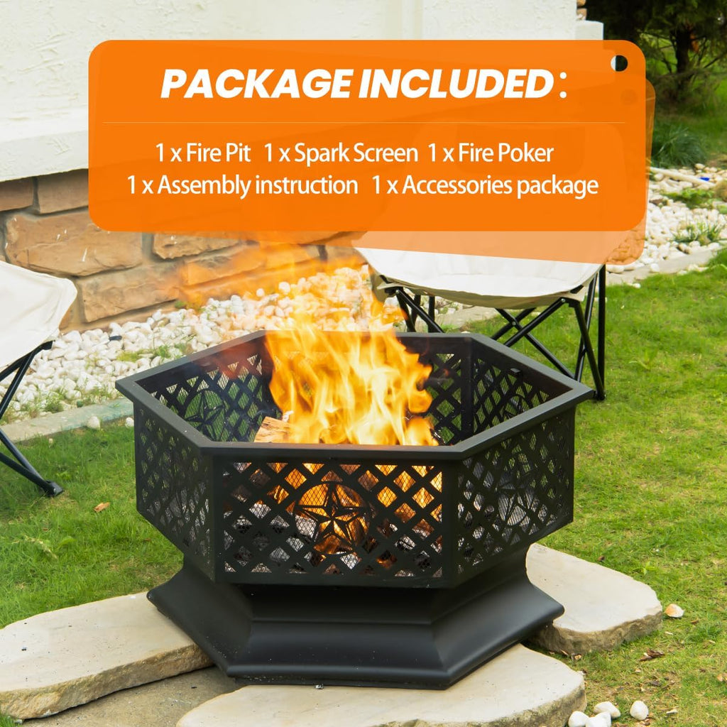 Panovue Outdoor 28 Inch Hex-Shaped Fire Pit with Spark Screen Black