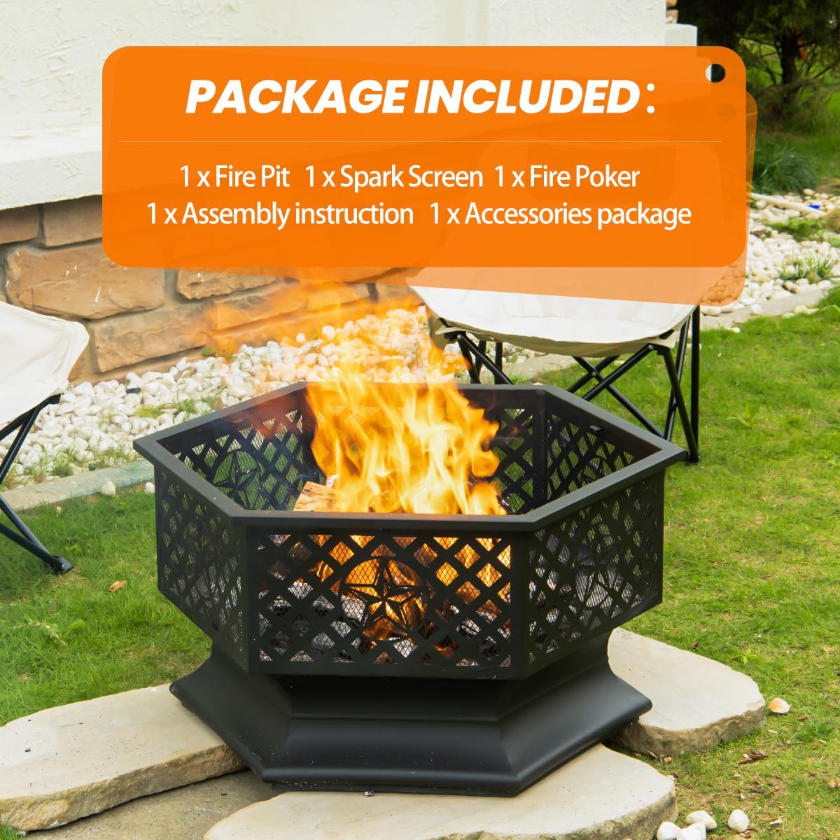 Panovue 28 Inch Hexagonal Fire Pit with Spark Screen&Fire Poker Black