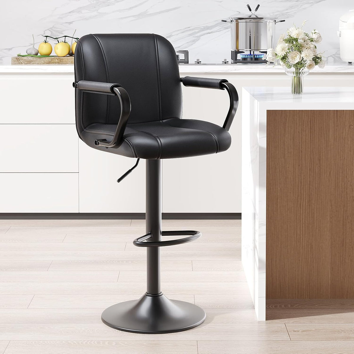 MALOL Bar Stools Set of 1 with Back and Armrest, Swivel PU Leather Kitchen Counter Chairs for Island, Sillas para Barra de Cocina, Taburetes para Barra de Cocina, Black