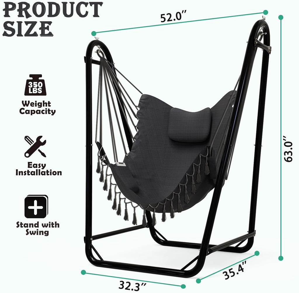 Unique U-Shaped Hammock Chair with Stand,Sturdy & Rust-Resistant,Free Gray Cotton Hammock Chair