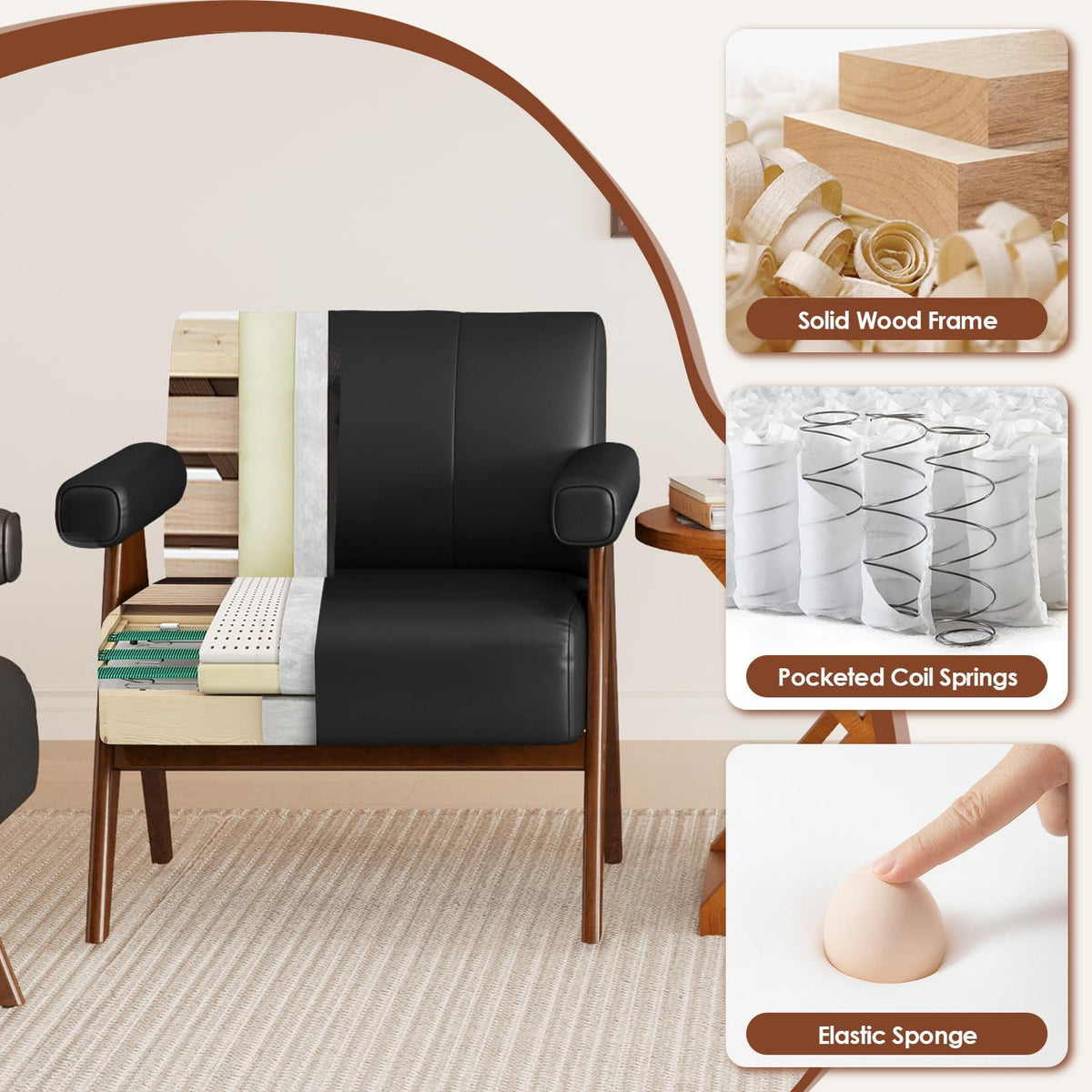 JIASTING Mid Century Modern Accent Chair Set of 2, Black Leather Armchair