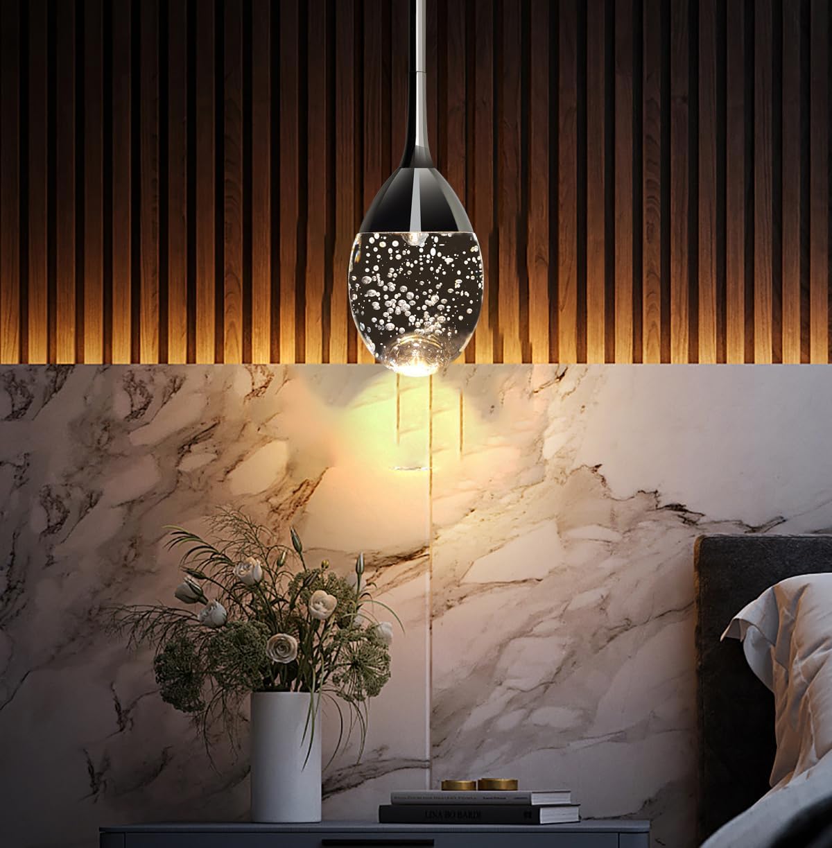 Teardrop Crystal Pendant Light, Black Hanging Ceiling Lighting Fixtures, Modern LED Bubble Kitchen Bar Lights Dimmable with Adjustable Metal Rods for Bathroom Dining Room