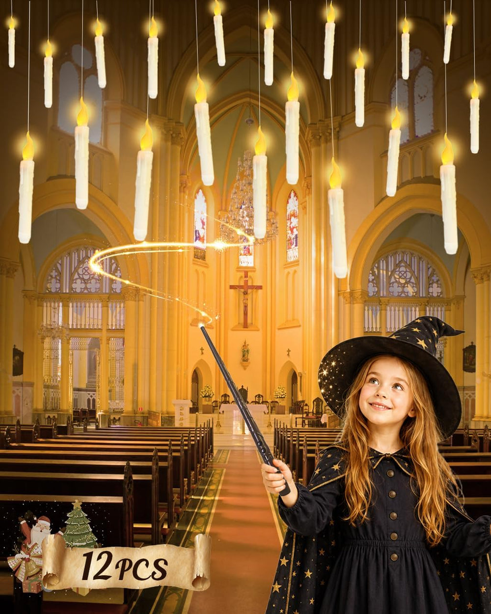 Flameless Floating Candles with Wand，20 Pcs Magic LED Hanging Taper Candles，F...