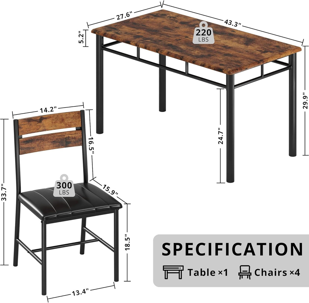 IRONCK Dining Table Set for 4, Rustic Brown