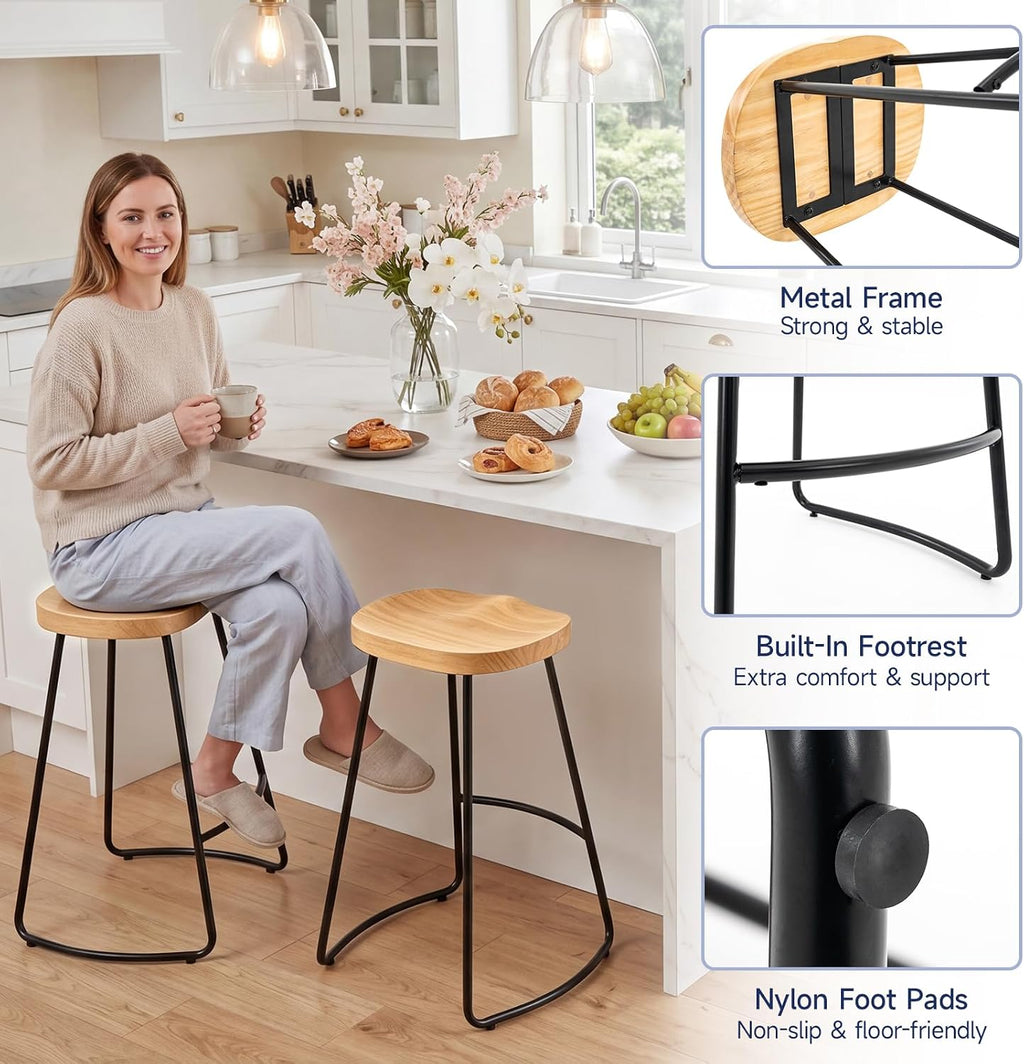 Bar Stools Set of 2, 24'' Counter Height Rustic Wooden Saddle Seat Natural