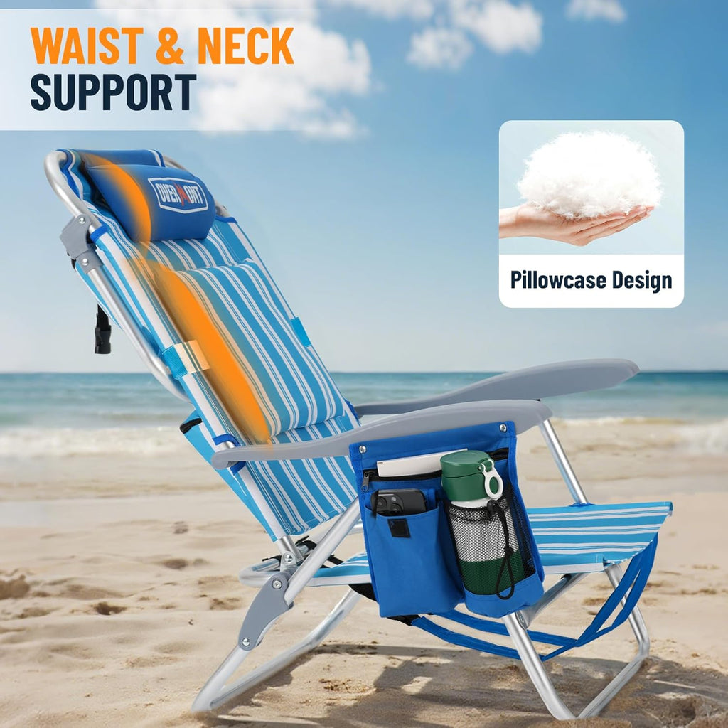 Overmont 2-Pack Low Beach Chairs with Cooler Bags - 6-Position Lay Flat